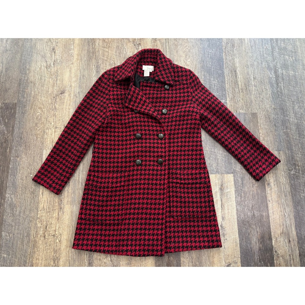 Spiegel Red Black Houndstooth Wool Blend Pea Coat Double Breasted Size 6 3233Z